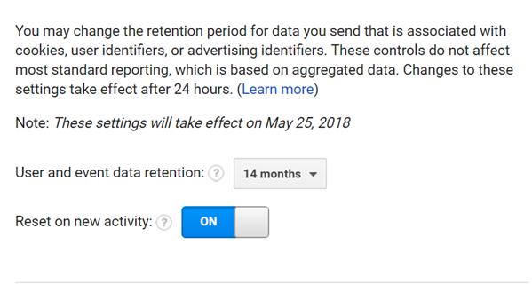 An image of the data retention selection screen in GA